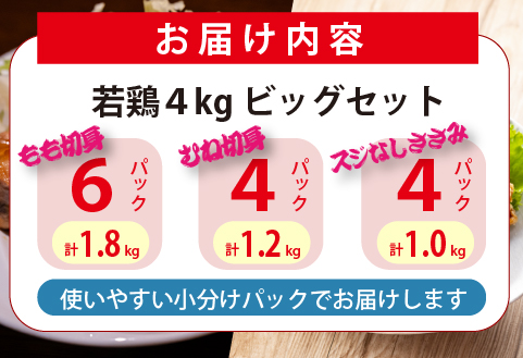 【人気部位詰め合わせ】宮崎県産若鶏4kgビッグセット（若鶏 国産 モモ ムネ ササミ 小分け 大容量 冷凍）