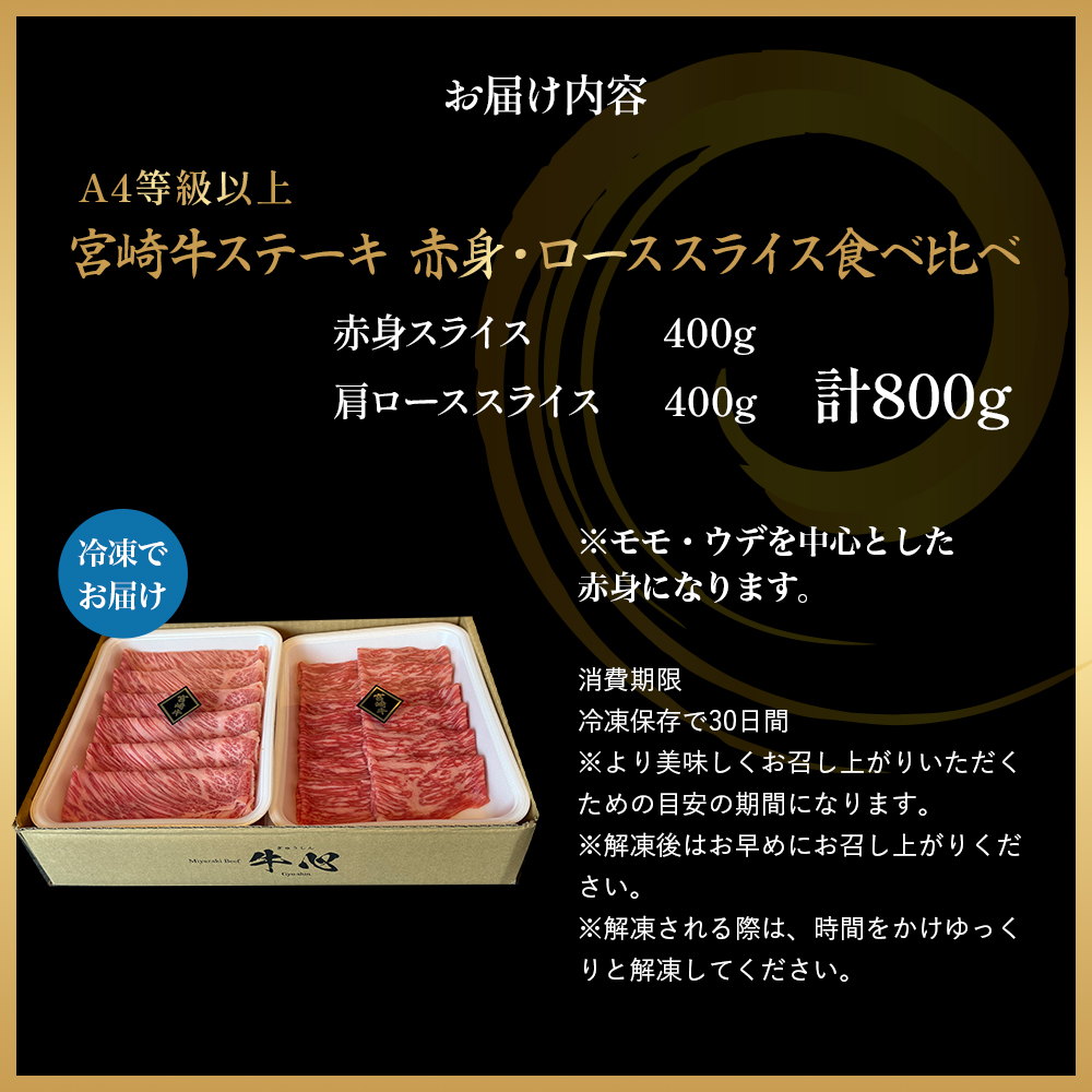 【A4等級以上】宮崎牛赤身・ローススライス食べ比べ 800g 黒毛和牛 牛肉 赤身 すき焼き 内閣総理大臣賞4大会連続受賞