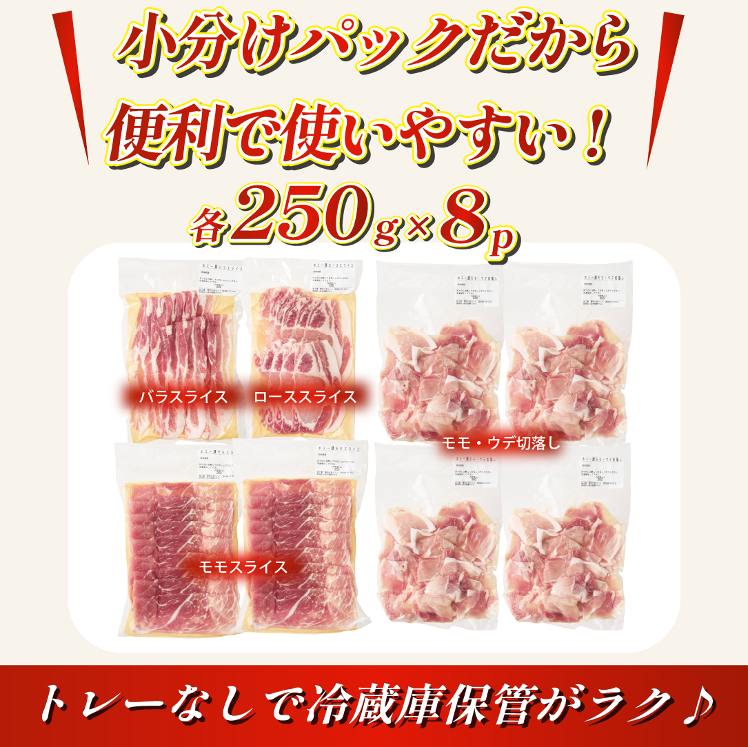 【部位食べ比べ！】ホエー豚スライスと切落しの大満足お楽しみセット 2kg（国産 豚肉 小分け 2㎏ 豚バラ 豚ロース しゃぶしゃぶ 豚バラスライス 豚 宮崎 小林市 人気 冷凍） 2kgセット
