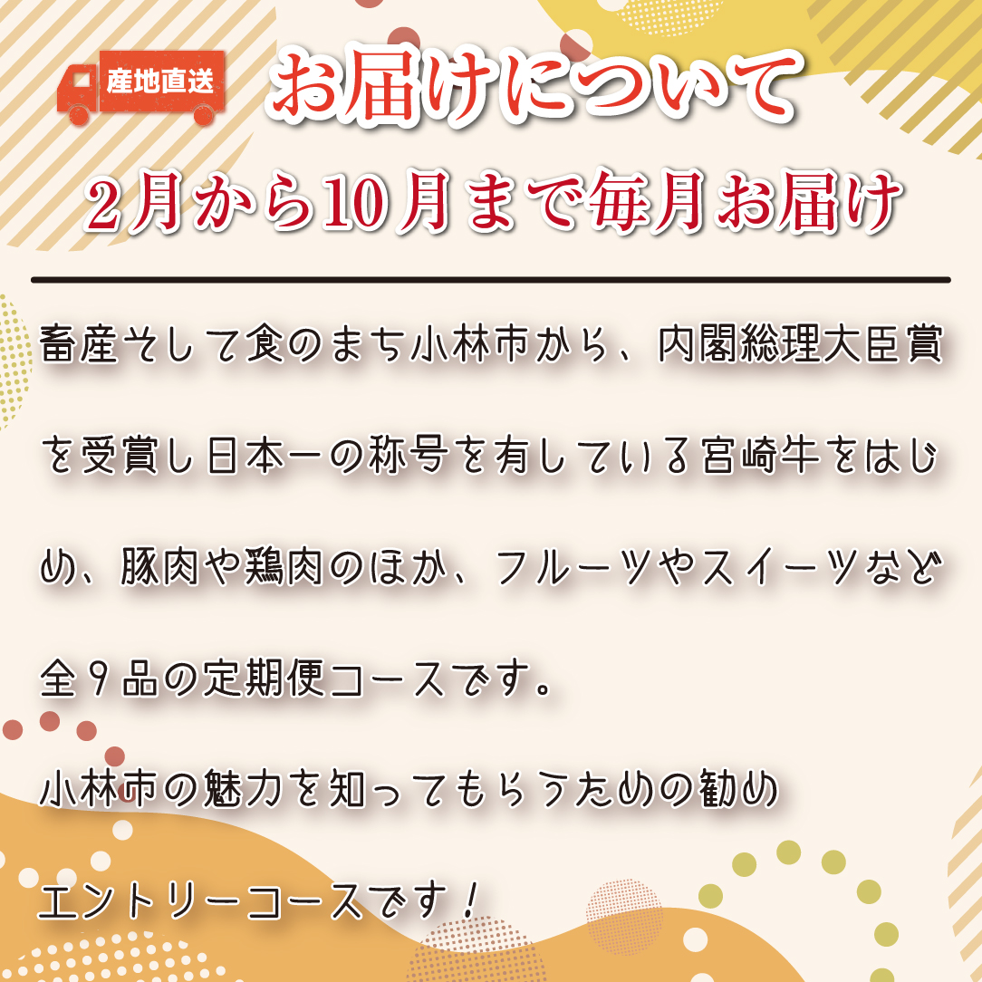 【定期便・全9回】日本一宮崎牛と小林市の魅力満載!!! 小林満足おためし定期便 10万円コース（国産 牛肉 国産牛 和牛 黒毛和牛 すき焼き フルーツ お菓子  豚肉 鶏肉 スイーツ 定期便） 全９回おためし定期便