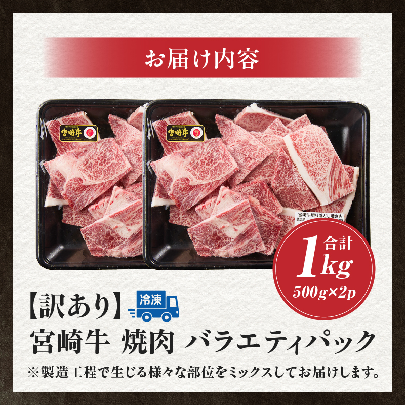A4等級以上 宮崎牛 訳あり 焼肉 バラエティパック 1kg（牛肉 肉 お肉 黒毛和牛 宮崎牛 ブランド牛 内閣総理大臣賞4大会連続受賞）
