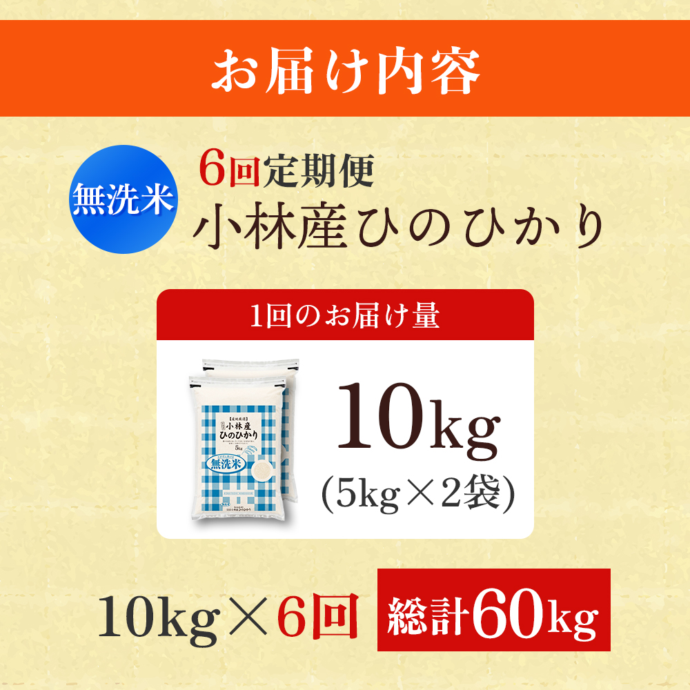 【定期便 全6回】【令和7年産米】無洗米ヒノヒカリ 10kg×6回 お米 米 新米 ヒノヒカリ 無洗米 国産 人気 お弁当 宮崎県 小林市 10kg（5kg×2袋）×6回