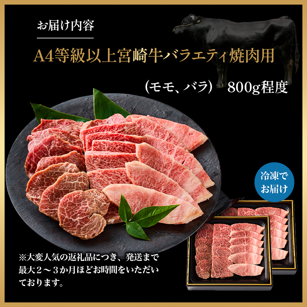 【西ノ原牧場直送】大人気！A4等級以上宮崎牛バラエティ焼肉用 800g（国産 国産牛 肉 牛肉 宮崎牛 黒毛和牛 お肉 ロース 焼肉 内閣総理大臣賞4大会連続受賞 特別提供） 400g×2P