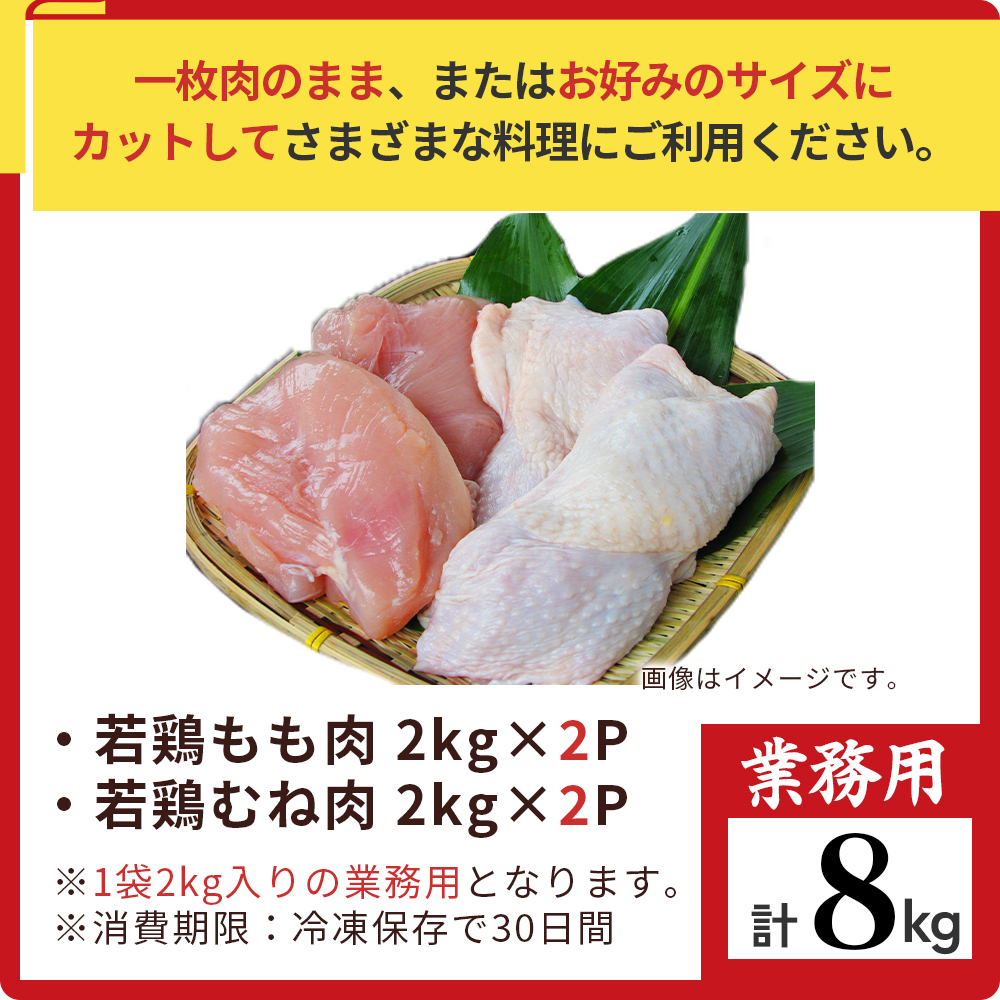 【業務用】宮崎県産若鶏もも肉 むね肉 大容量パック 計8kg 国産 鶏肉 若鶏 もも肉 むね肉 冷凍 詰め合わせ セット 大容量 業務用 お徳用