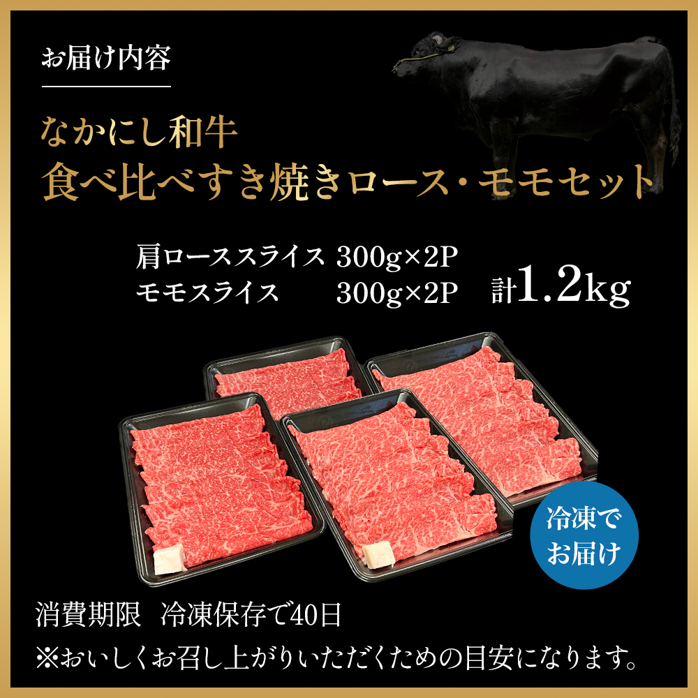 宮崎県西ノ原牧場・なかにし和牛食べ比べすき焼きロース・モモ 計1.2kg（国産 牛肉 肉 宮崎牛 黒毛和牛 お肉 すき焼き 焼肉 人気 ロース モモ 食べ比べ セット 宮崎)