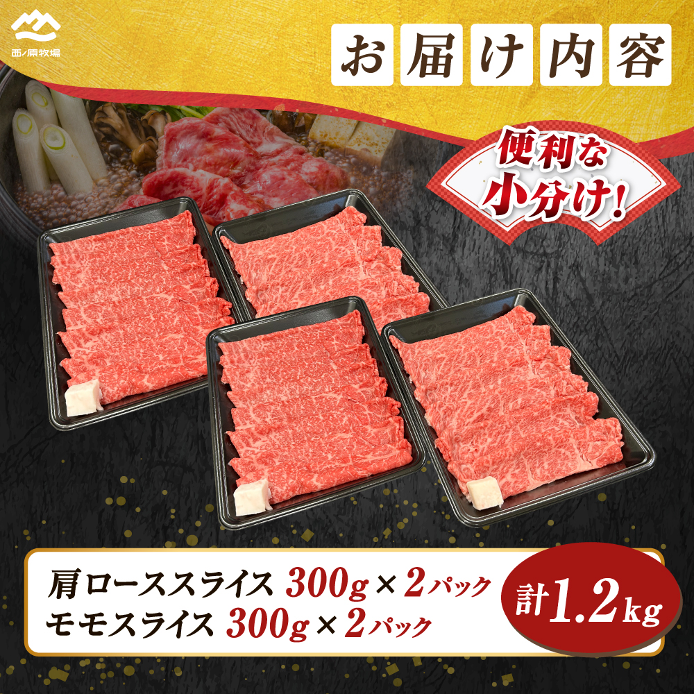 宮崎県西ノ原牧場・なかにしプレミアム食べ比べすき焼きロース・モモ 計1.2kg（国産 牛肉 肉 黒毛和牛 お肉 すき焼き ロース モモ 食べ比べ）