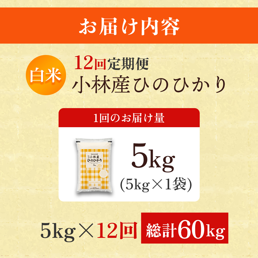【定期便 全12回】令和7年産米 ヒノヒカリ 5kg×12回 計60kg（お米 米 新米 ヒノヒカリ 国産 人気 お弁当 宮崎県 小林市） 5kg×12回