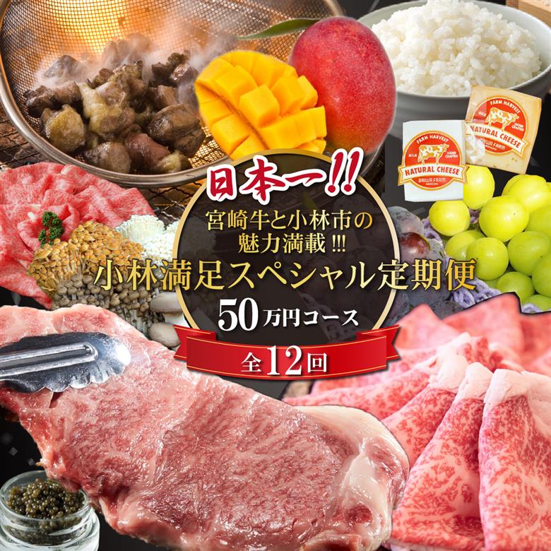 【定期便・全12回】日本一宮崎牛と小林市の魅力満載!!!!小林満足スペシャル定期便 50万円コース（国産 牛肉 国産牛 和牛 黒毛和牛 キャビア シャインマスカット マンゴー 完熟マンゴー フルーツ 果実 くだもの 豚肉 鶏肉 定期便） 全12回スペシャル定期便