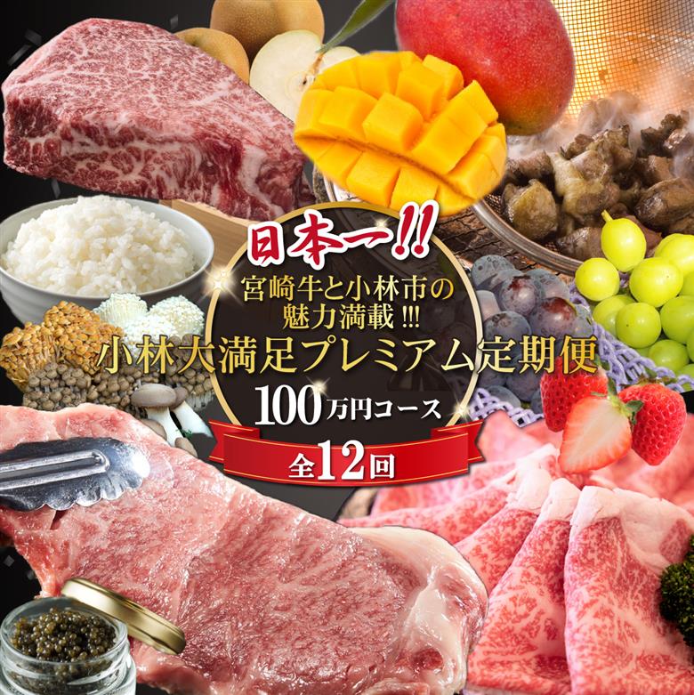 【定期便・全12回】日本一宮崎牛と小林市の魅力満載!!!!!小林大満足プレミアム定期便 100万円コース（国産 牛肉 国産牛 和牛 黒毛和牛 シャインマスカット マンゴー 完熟マンゴー フルーツ 果実 くだもの キャビア 豚肉 鶏肉 定期便） 全12回プレミアム定期便