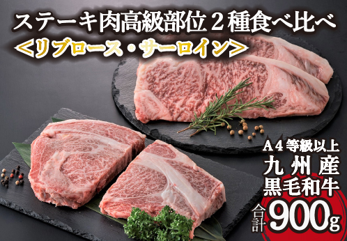【A4等級以上】黒毛和牛ステーキ肉高級部位２種＜リブロース・サーロイン＞食べ比べ（計900ｇ）