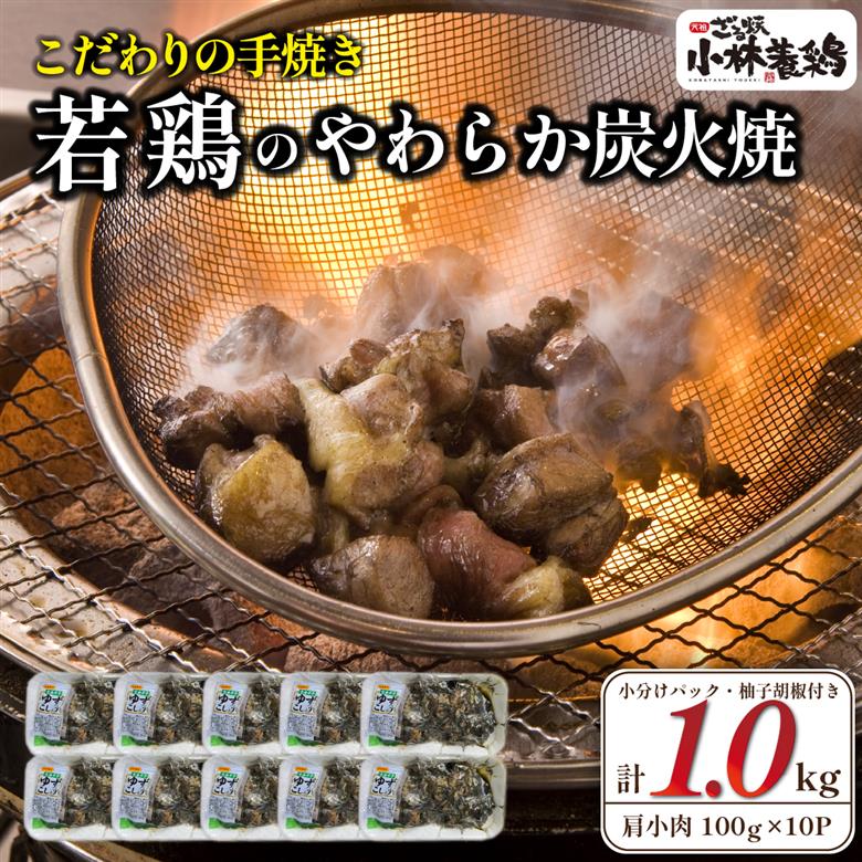 【テレビで紹介！元祖ざる焼き小林養鶏】やわらか炭火焼100g×10Pセット 薬味付き（国産 鶏 鶏肉  小分け 炭火焼  惣菜 調理済 冷凍 宮崎 小林市）