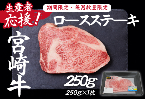 【生産者応援】宮崎牛ロースステーキ250g（ 宮崎牛 国産 牛肉 和牛 霜降り ステーキ ロース 冷凍 送料無料）