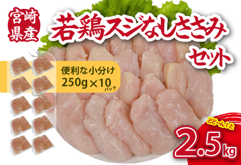 【手間いらず！】宮崎県産若鶏スジなしささみ2.5kgセット（250g×10P 国産 鶏肉 若鶏 ササミ 大容量 冷凍）