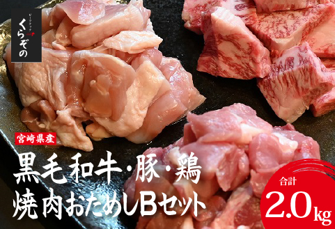 宮崎県産 牛・豚・鶏 焼肉おためしBセット 計2kg（牛肉 豚肉 鶏肉 和牛 焼肉 訳あり 小分け 食べ比べ）