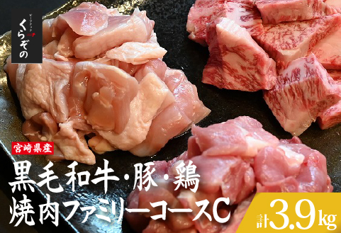 宮崎県産 牛・豚・鶏 焼肉ファミリーコースC 計3.9kg（牛肉 豚肉 鶏肉 和牛 ロース モモ ウデ 焼肉 小分け 人気）
