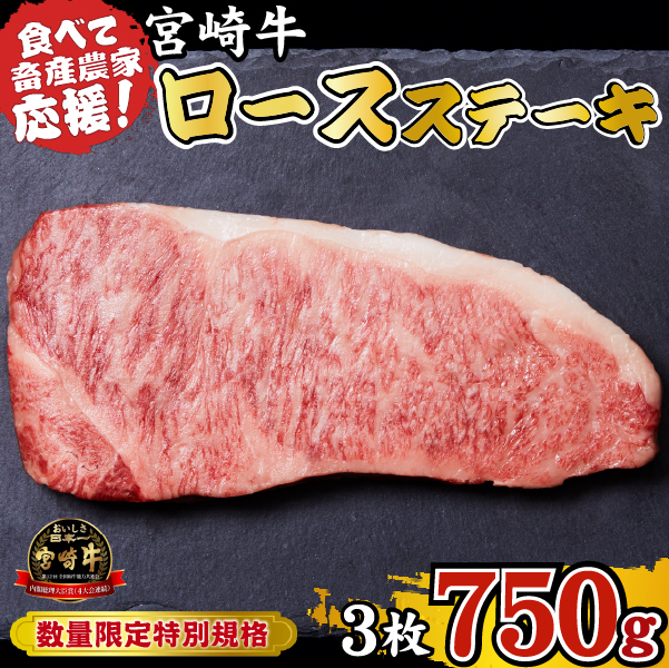 A4等級以上 宮崎牛 ロースステーキ 750g（牛肉 黒毛和牛 畜産農家応援 ロース ステーキ 赤身 数量限定） 250g×3枚
