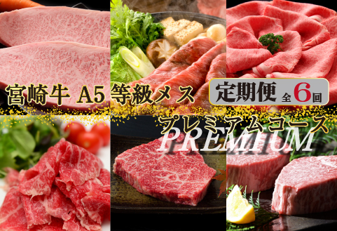 【お肉の定期便】百名店 宮崎牛A5等級メス・プレミアムコース 全6回（牛肉 和牛 黒毛和牛 宮崎牛 ステーキ シャトーブリアン ロース モモ 赤身 サーロイン 定期便）