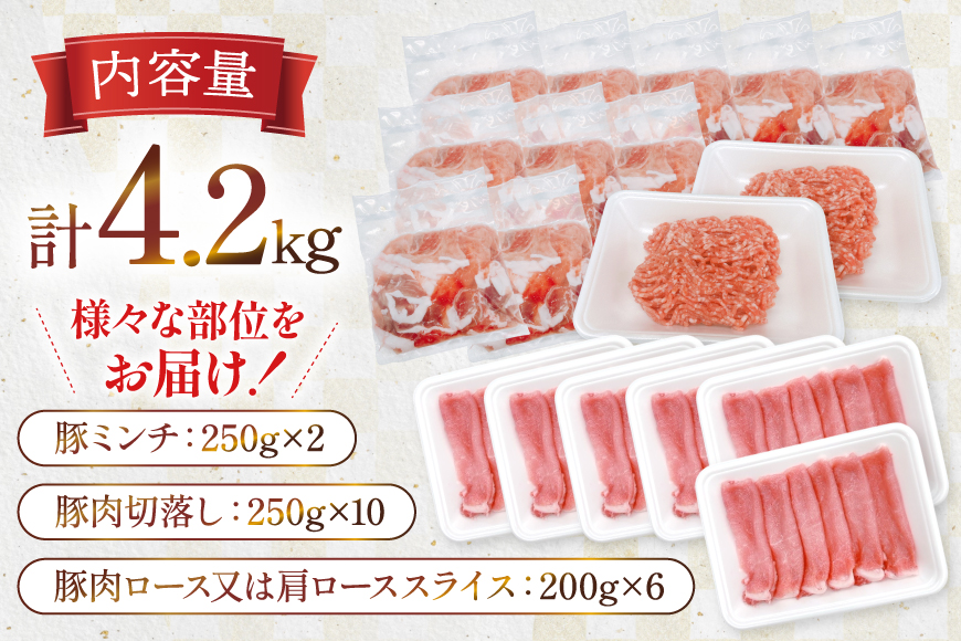 豚肉 宮崎県産豚肉 4.2kg 詰め合わせ セット [TRINITY 宮崎県 日向市 452061326] 小分け 豚 肉 宮崎 ロース スライス 豚バラ とんかつ 切り落とし ミンチ 豚ミンチ ひき肉 真空パック