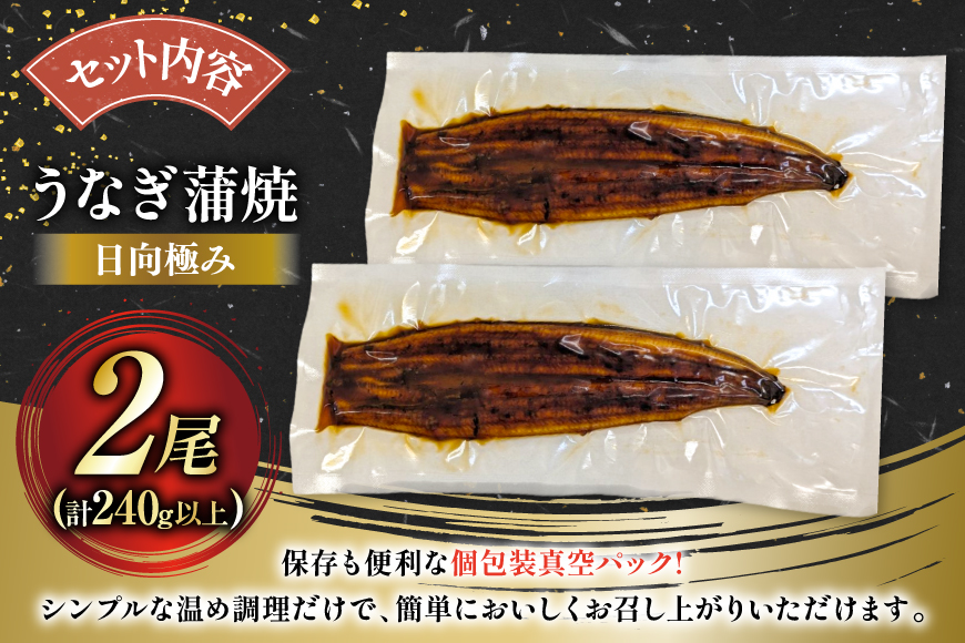 うなぎ 国産 日向極み うなぎ蒲焼 2尾 計240g以上 【たれ・山椒付き】 [日向サンパーク 宮崎県 日向市 452061502] ギフト 小分け 真空パック 鰻 ウナギ うなぎの蒲焼 蒲焼 蒲焼き