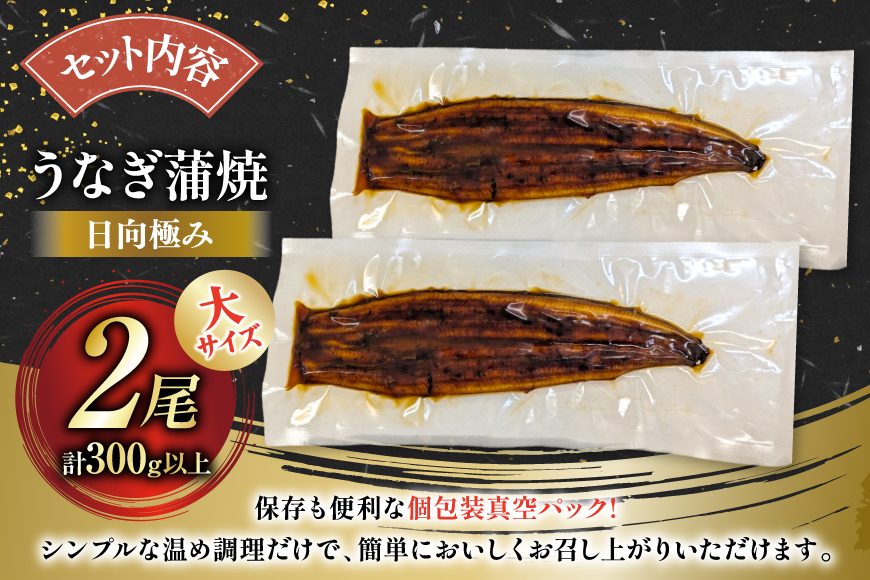 うなぎ 国産 日向極み うなぎ蒲焼 2尾 計300g以上 【たれ・山椒付き】 [日向サンパーク 宮崎県 日向市 452061636] ギフト 小分け 真空パック 鰻 ウナギ うなぎの蒲焼 蒲焼 蒲焼き
