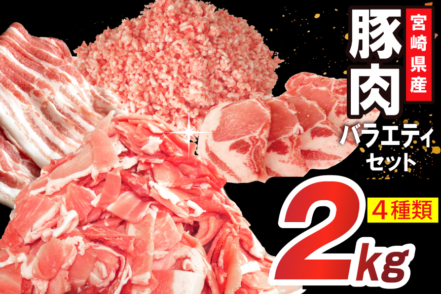豚肉 詰め合わせ 宮崎県産豚肉 バラエティ セット 4種 2kg [南九フーズ 宮崎県 日向市 452061518] バラ 切り落とし しゃぶしゃぶ ロース スライス 豚こま 小間切れ ミンチ ひき肉