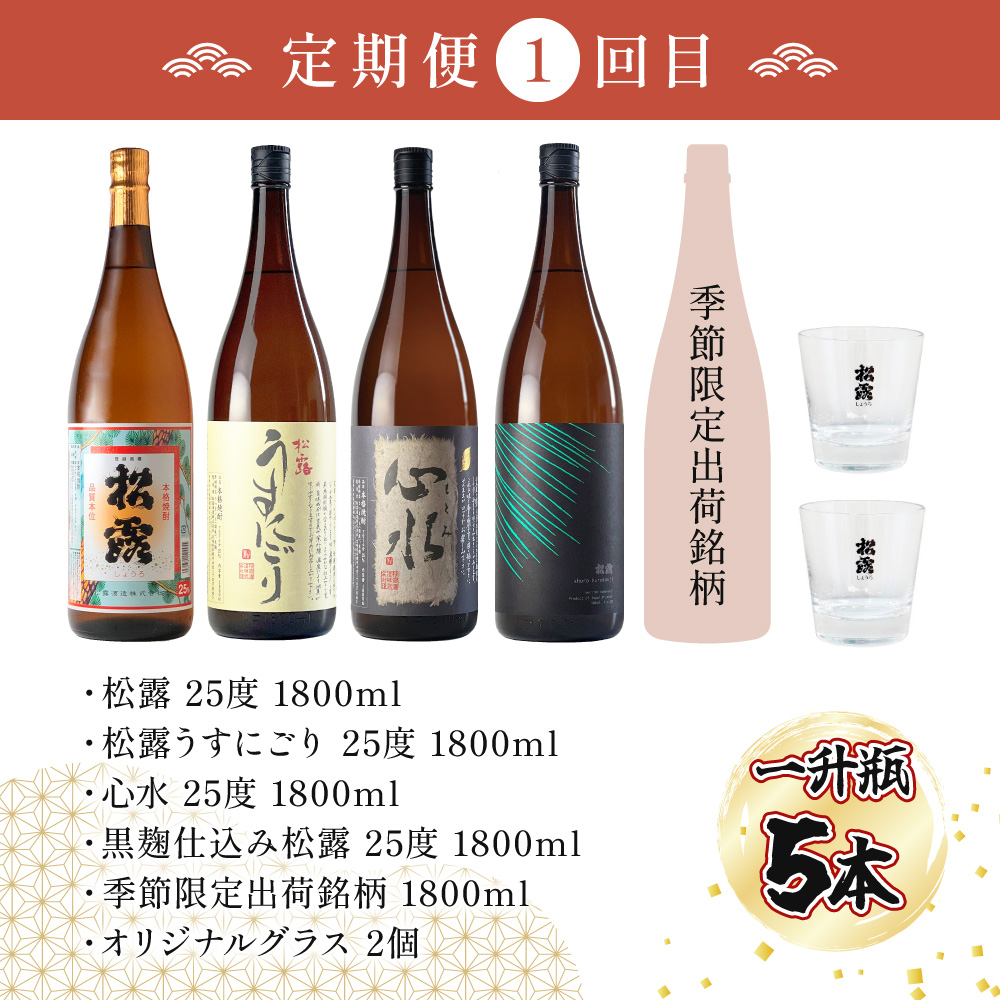 KU076 【定期便・全5回】松露酒造逸品揃え定期便5回コース 串間市の逸品を飲み比べ【松露酒造】