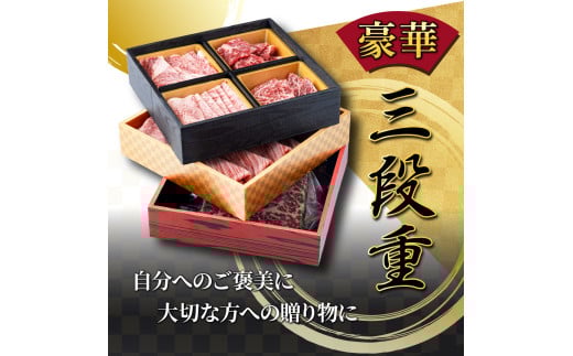 ＜2025年10月発送分＞ 宮崎牛旨さ!!牛ぎゅ～詰め三段重 合計690g 赤身モモ肉ステーキ、霜降り肩ローススライス、焼肉4種食べ比べ