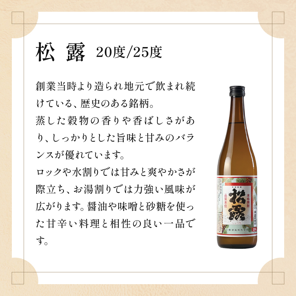 X-A1 白麹・黒麹の違いが楽しめる！松露白麹黒麹4本セット！松露 20度（900ml×2本）松露 25度・黒麹仕込み松露 25度（各720ml×1本）計4本【松露酒造株式会社】