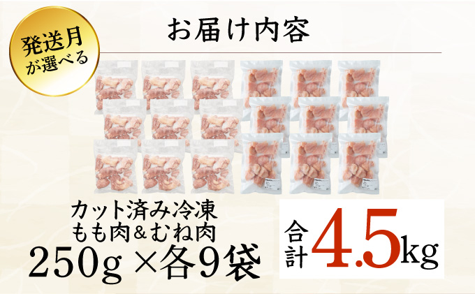 KU230-MO45-2602 ＜2026年2月発送・数量限定＞ 小分け＆バラバラ！選べる！宮崎県産鶏もも・むねカット 合計4.5kg(計250g×18袋)