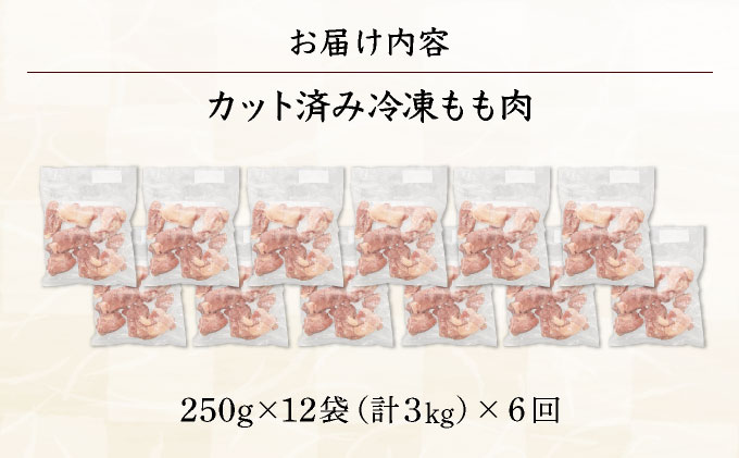KU230-T6＜6ヶ月定期便・数量限定＞ 小分け＆バラバラ！宮崎県産鶏ももカット 合計18kg (250g×12袋×6ヶ月定期便)