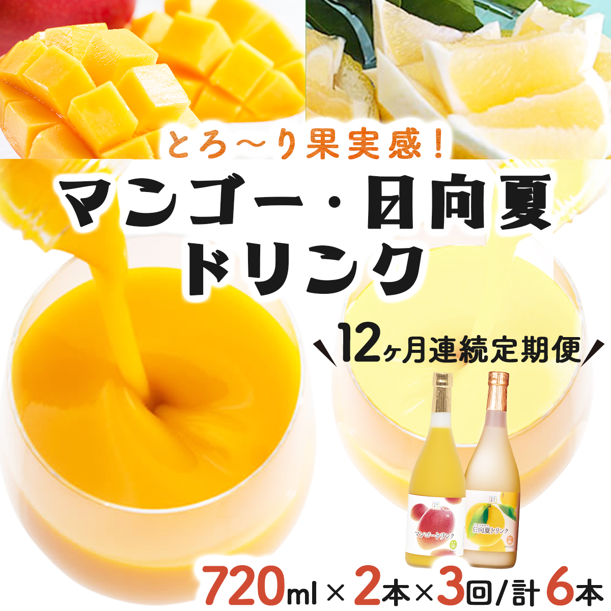KU124 【定期便・全12回】あふれる果実感！マンゴー・日向夏ドリンク２本セット(各720ml)×12回【宮崎果汁】
