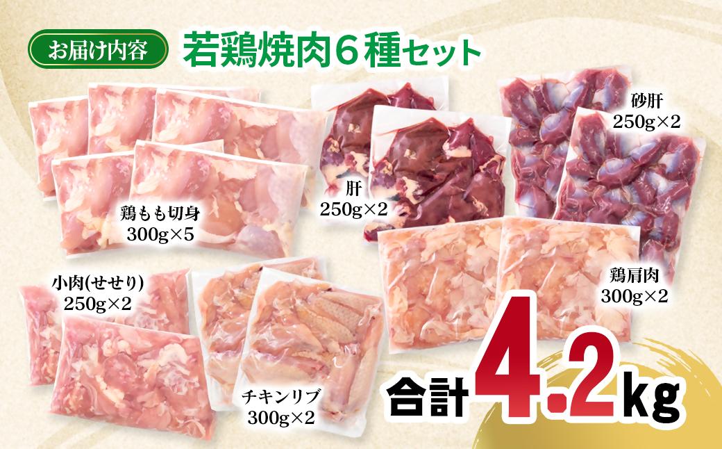 宮崎県産若鶏 6種 合計4.2kg 小分け もも肉 砂肝 手羽中ハーフ等々6種 小分け 15パック＜1.8-32＞