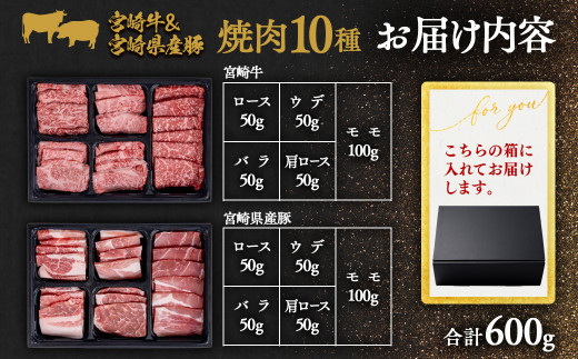 【2月発送】宮崎牛＆宮崎県産豚肉 焼肉10種盛り 食べ比べセット計600g 宮崎牛4等級以上 国産牛 豚肉  ブランド牛 ミヤチク 内閣総理大臣賞4連覇＜1.2-68＞● 決済完了より30日以内の発送