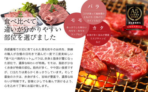 【最高品質A5等級 西都和牛】黒毛和牛食べ比べ焼肉セット 赤身・カルビ 600g （200ｇ×3）小分け 宮崎県産＜1.7-35＞【カミチクファーム】牛肉 肉 BBQ 宮崎県西都市