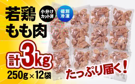 1月発送　バラ凍結！宮崎県産若鶏 鶏肉 もも肉カット 3㎏（250g×12）IQF加工 小分け＜1.3-21＞鶏 もも身 鶏モモ肉