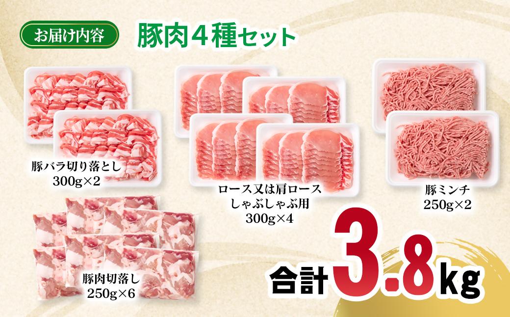 宮崎県産豚肉 4種 合計3.8kgセット 小分け 14パック バラ切り落とし ロース 切り落とし ミンチ＜2.3-5＞