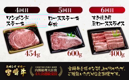 【定期便】宮崎牛6ケ月定期便 A4～A5等級 ステーキ 焼肉 すき焼き 牛肉 ブランド牛 内閣総理大臣賞4連覇＜14-1＞N