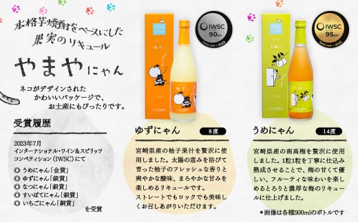 「やまやにゃん」果実のリキュール5種飲み比べ　ゆず・日向夏・あまおう・梅・紫芋　500ｍｌ×5本セット<2.2-7>酒 アルコール 西都市