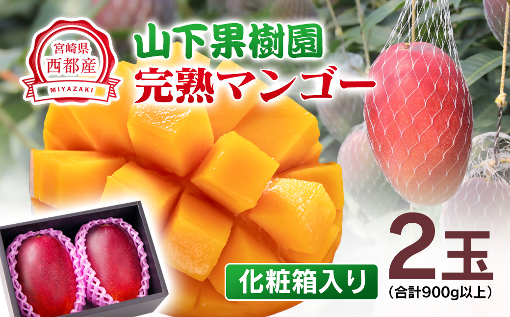 【先行予約】山下果樹園 西都市産完熟マンゴー2玉（合計900ｇ以上）化粧箱入り 2026年発送 <1.8-17> 果物 くだもの フルーツ 西都市 宮崎県 5月～7月順次発送
