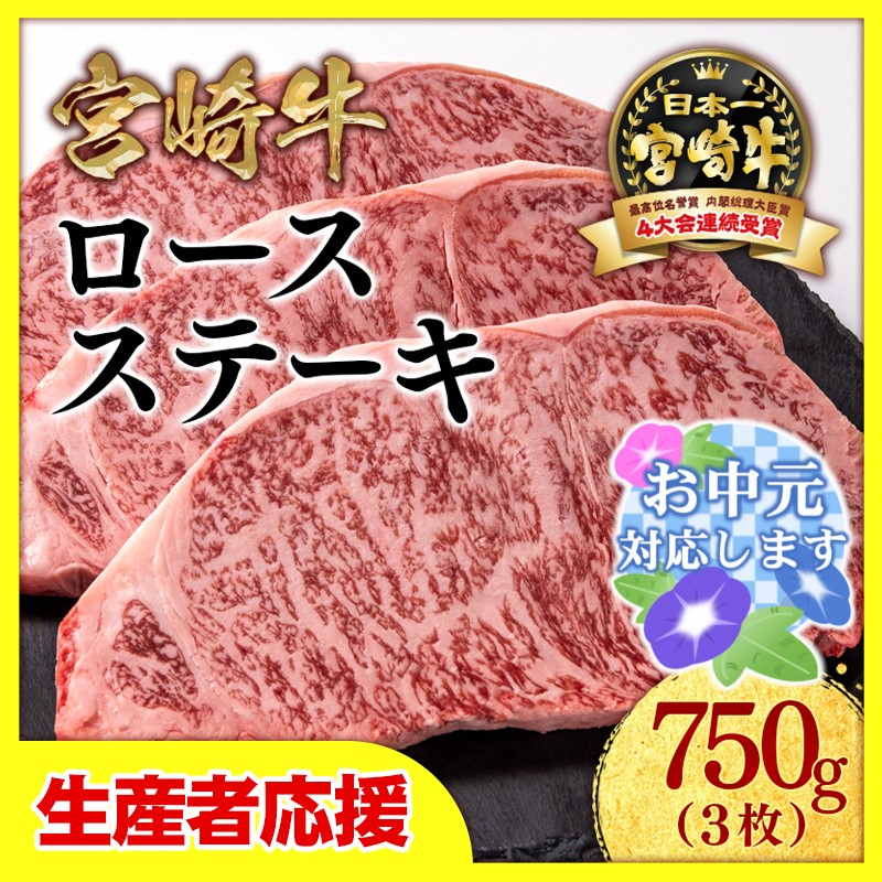 【お中元ギフト】【生産者応援】宮崎牛ロースステーキ3枚（250ｇ×3枚）　内閣総理大臣賞４連続受賞〈2.2-14〉