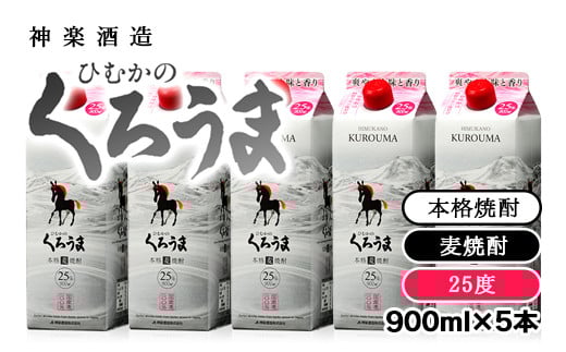 神楽酒造　麦焼酎『ひむかのくろうま』25度　900ml×5パック<1.5-52>酒 アルコール 焼酎 本格焼酎 宮崎県西都市