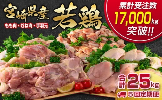 【5回定期便】合計30kg 宮崎県産若鶏もも肉 むね肉 手羽元5kg×5回 訳あり 国産鶏肉 先行予約 2026年1月～発送開始 【12月31日終了】＜7.5-14＞
