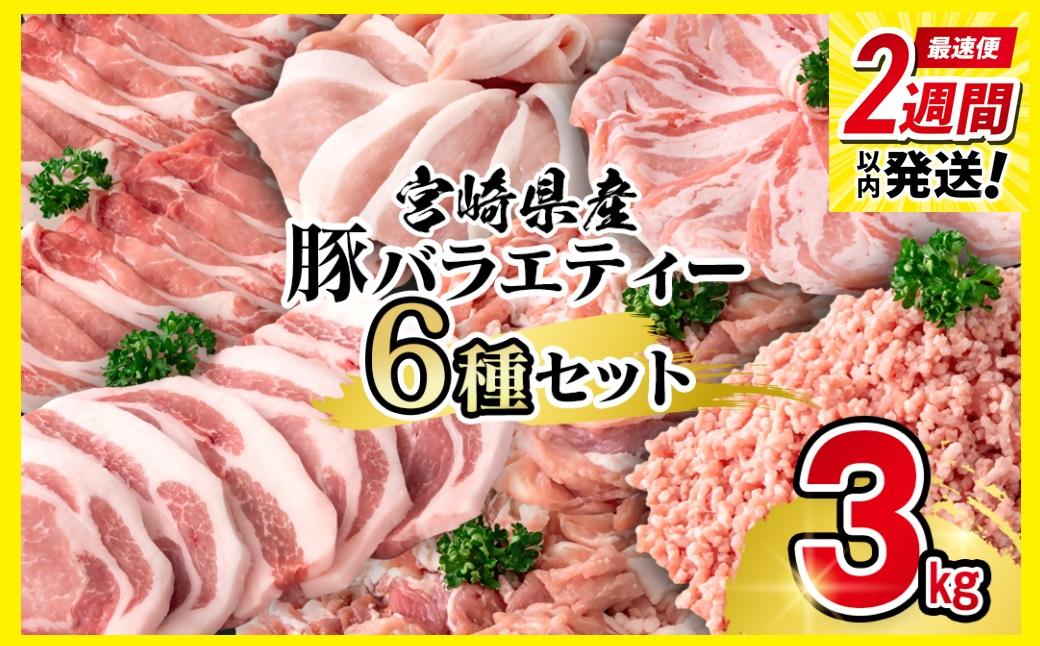 【2週間以内発送】宮崎県産豚肉 6種 バラエティ3kgセット＜1.6-41＞小分け スライス 鍋 トンカツ 餃子等 豚バラエティー3㎏