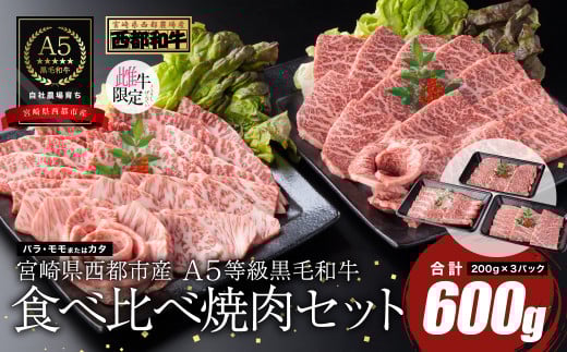 【最高品質A5等級 西都和牛】黒毛和牛食べ比べ焼肉セット 赤身・カルビ 600g （200ｇ×3）小分け 宮崎県産＜1.7-35＞【カミチクファーム】牛肉 肉 BBQ 宮崎県西都市