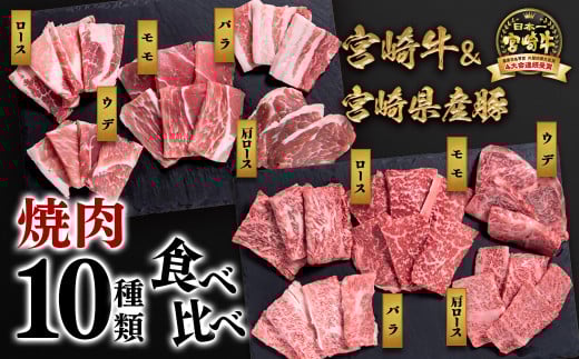 【2月発送】宮崎牛＆宮崎県産豚肉 焼肉10種盛り 食べ比べセット計600g 宮崎牛4等級以上 国産牛 豚肉  ブランド牛 ミヤチク 内閣総理大臣賞4連覇＜1.2-68＞● 決済完了より30日以内の発送
