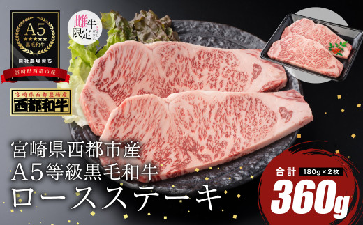 【最高品質A5等級 西都和牛】黒毛和牛ロースステーキ 2枚（180ｇ×2）宮崎県産＜1.5-26＞【カミチクファーム】牛肉 ステーキ 肉 ビーフ 焼肉 宮崎県西都市