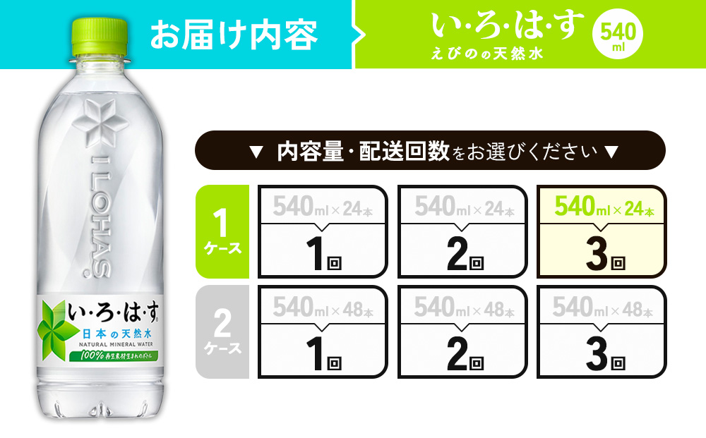 【3回定期便】いろはす 天然水 540ml(500ml + 40ml)PET【コカ・コ