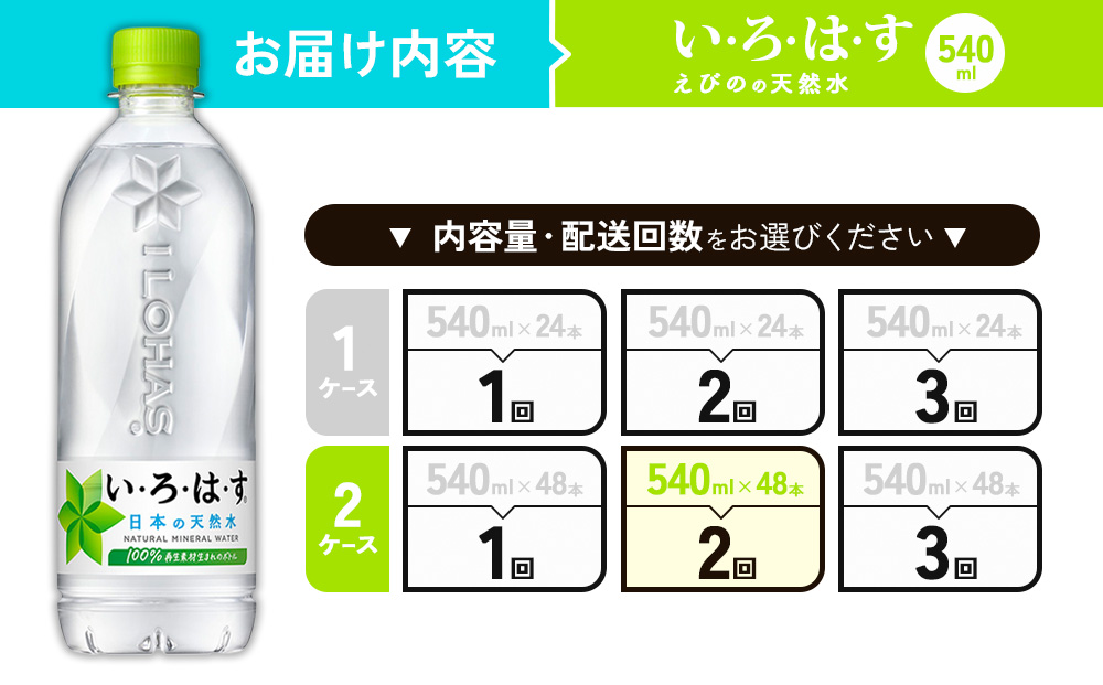 【2回定期便】いろはす 天然水 540ml(500ml + 40ml)PET【コカ・コ