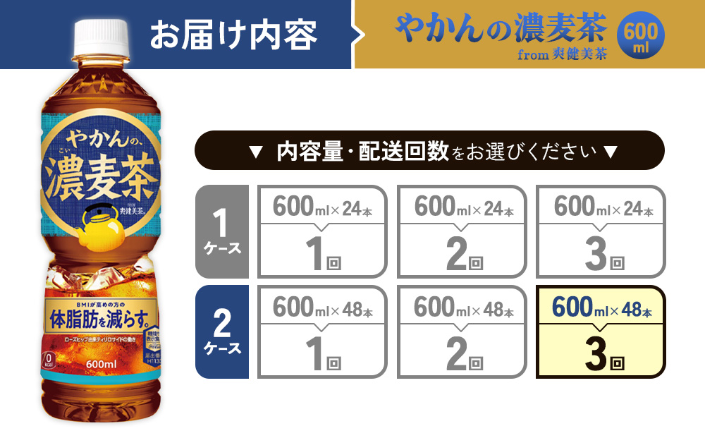 【3回定期便】やかんの濃麦茶 from 爽健美茶 600ml PET×24本（2