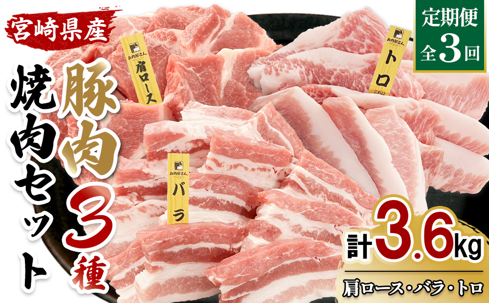 宮崎県産 豚肉 焼肉セット 3.6kg (1.2kg × 3回 定期便) 肩ロース